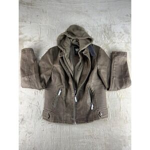 Lock & Love Womens Khaki Faux Leather Size L Moto Jacket Removable Hood NEW‎